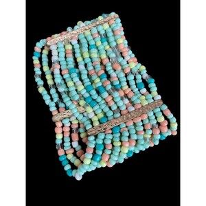 Multistrand Stretch Bracelet Pastel Spring Goldtone Glass Beads 2" Wide 8"